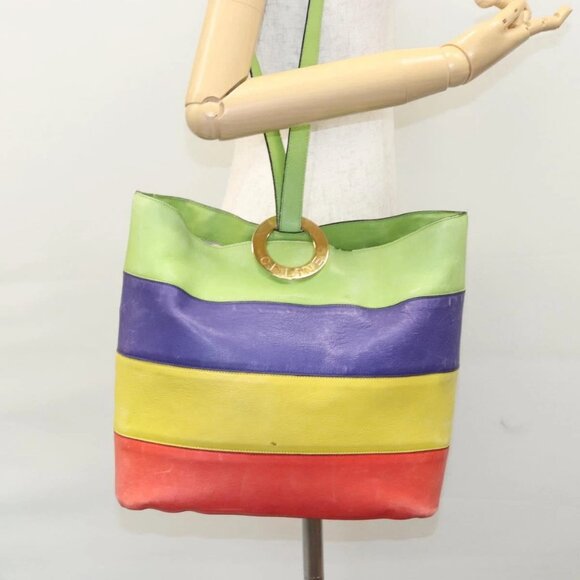 CELINE Shoulder Bag Leather Green Red yellow Auth
